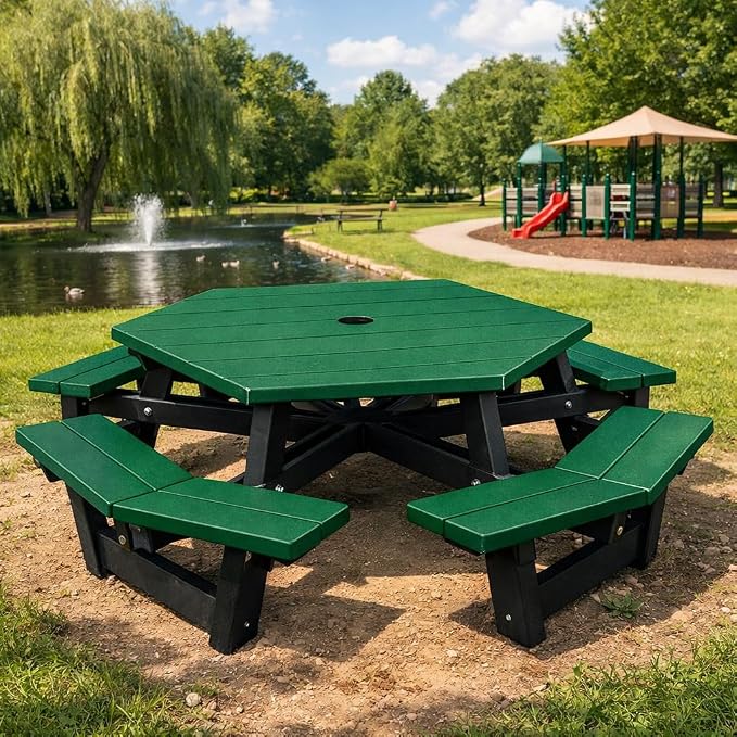 Frog Furnishings Hex Table Bench, Portable Outdoor Table, for All Weather, Backyard, Dining Party, Patio, Also for School, College, Park, Playground, Swimming Pool