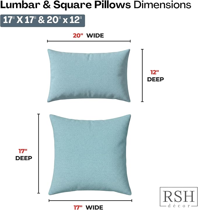 RSH DECOR: Sunbrella Lumbar & Square Pillows Set of 4 | 20" x 12" & 17" x 17" | Water and Fade-Resistant Performance Fabric | Outdoor Throw Pillows for Patio Furniture | Made in USA (Cast Mineral)