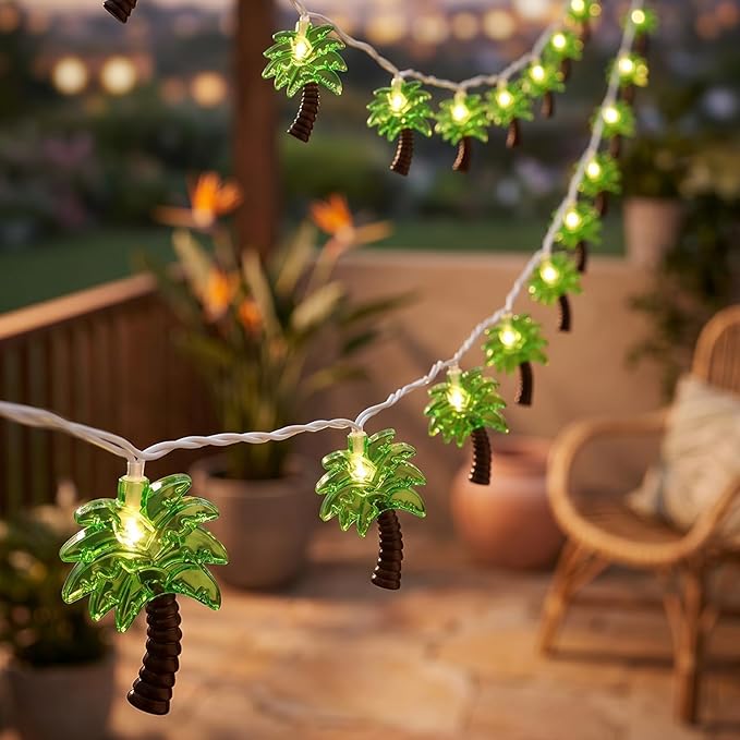 8.5Ft Palm Tree Lights Outdoor String Lights, 10L LED Patio Lights String | Summer Beach Themed, Plug in Lights for Outdoor Indoor, Bedroom, Birthday, Beach, Tiki Party Decor, White Wire