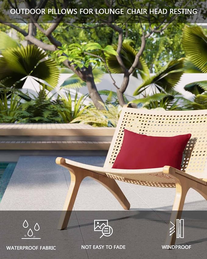 DecorLovee Pure Red Outdoor Recliner Pillows for Head, Waterproof Chair Pillow with Elastic Stripe, Simple Solid Color Chaise Lounge Headrest Pillow for Patio/Beach/Pool 1Pack, 11"x16"