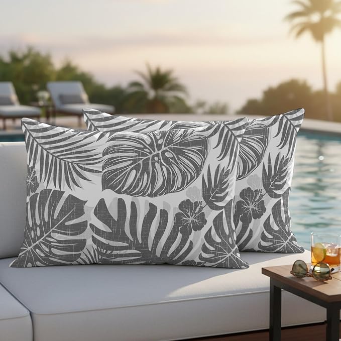 Grey Palm Leaves Outdoor Pillow Covers 20"x12" Set of 2, Tropical Botanical Minimalist Modern Waterproof Throw Pillow Covers for Patio Furniture, Decorative Cushion Covers for Porch