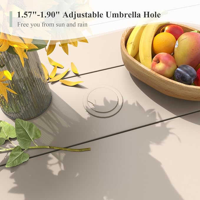 Outdoor Dining Table for 6, 50" Round Outdoor Table with Adjustable Umbrella Hole, All-Weather Metal Patio Dining Table for Lawn Garden Backyard Deck, Sandshell