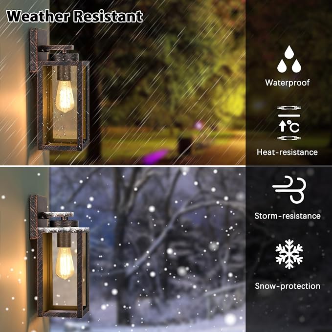 BesLowe Outdoor Wall Light Fixtures, Outside Porch Lights, Distressed Brown | Waterproof Metal Construction, Rust-resistant, Quick & Easy Installation, Clear Glass Shades & Standard E26 Socket