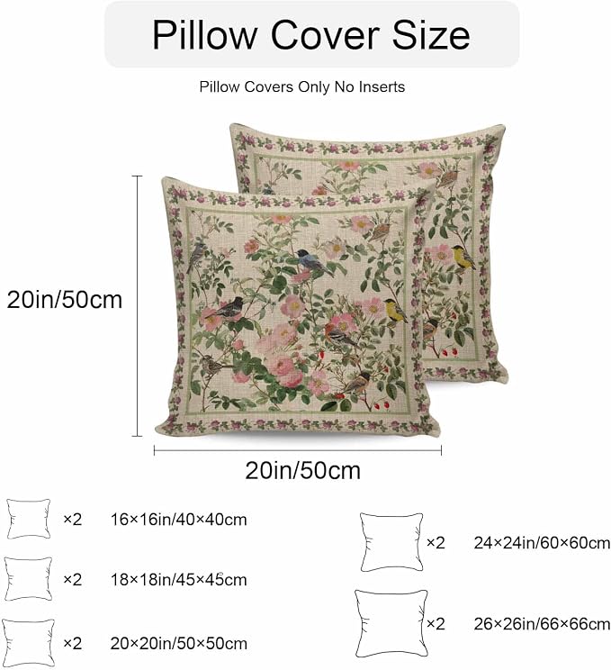 Vandarllin Outdoor Throw Pillows Covers 20x20 inch Set of 2 Waterproof Pink Floral Bird Decorative Zippered Cushion Covers for Patio Furniture, Green Leaves Branches Linen Lumbar Pillowcases