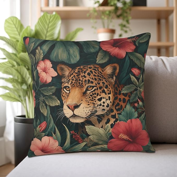 Pack of 2 Leopard Floral Pillow Covers 24x24 Tropical Palm Monstera Leaves and Hibiscus Flower Throw Pillow Covers Hawaiian Jungle Cheetah Pillow Cases for Patio Sofa Couch