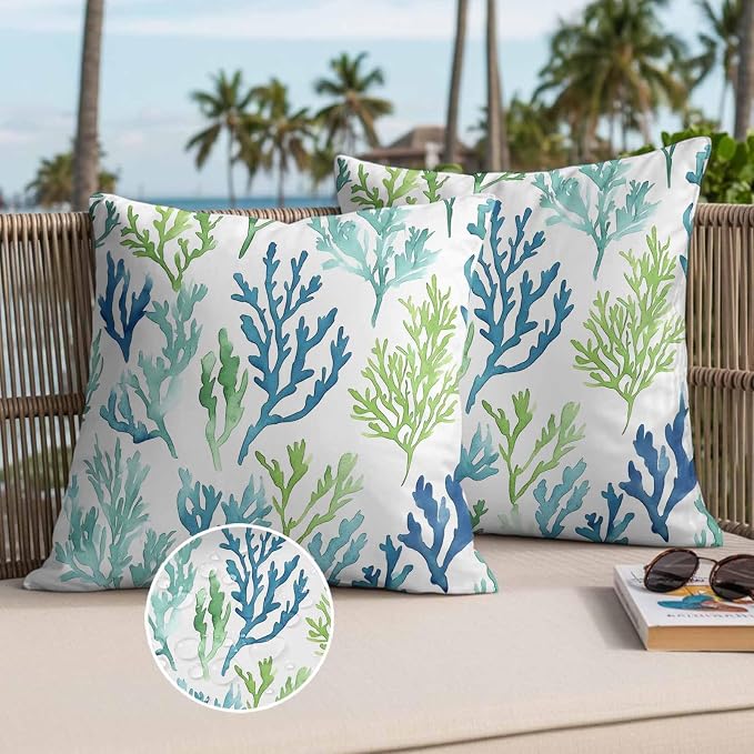 Ocean Teal Outdoor Waterproof Throw Pillow Covers Set of 2, 18"x18", Blue Green Coral Underwater Garden Coastal Decorative Pillow Covers Outside Cushion Case for Patio Porch Garden