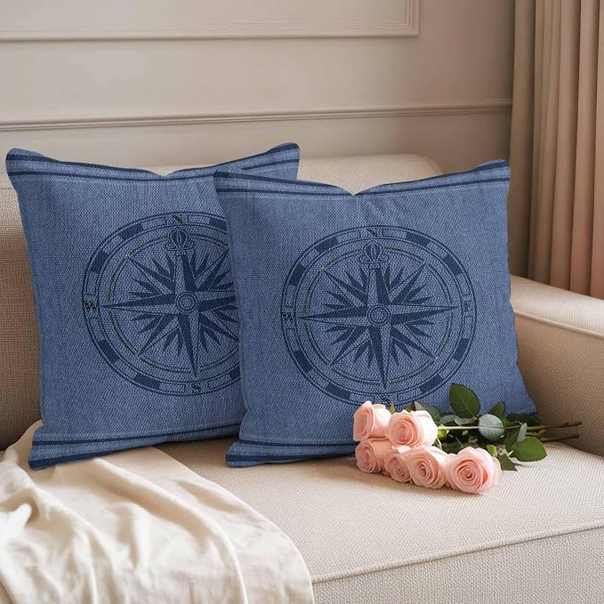 Compass Navigation Outdoor Waterproof Throw Pillow Covers Set of 2, 18"x18", Guide Letter Printing Decorative Pillow Covers Outside Cushion Case for Patio Porch Garden