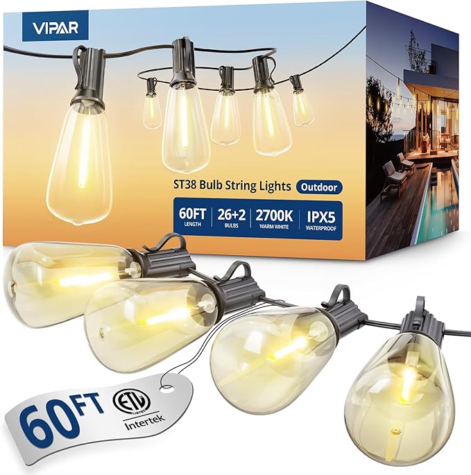 VIPAR Outdoor String Lights, 60FT LED Patio Lights Waterproof 28 ST38 Bulbs | Shatterproof,Edison Outside Lights,Plug-In,2700K Dimmable, Connectable, Hanging Light for Porch Garden Backyard Deck Balcony