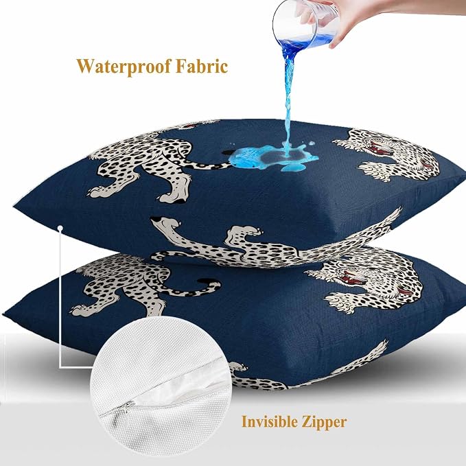 Navy Blue Leopard Outdoor Waterproof Pillow Covers Pack of 2, Modern Style Wild Animal Rustic Linen Texture Throw Pillowcases Decorative Cushion Covers for Garden Patio Tent Sofa Couch, 24x24 inch