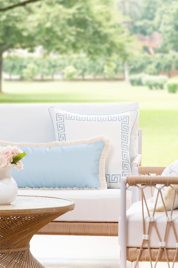 Hofdeco Premium Coastal Patio Indoor Outdoor Long Lumbar Pillow Cover Only, 12"x26" Water Repellent for Backyard, Couch, Baby Blue Solid with Fringe