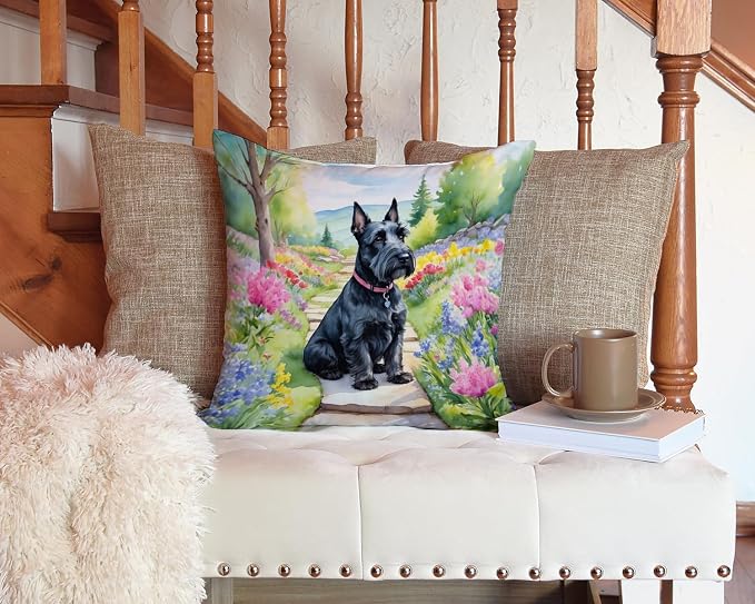 Caroline's Treasures Scottish Terrier Spring Path Throw Pillow Machine Washable, Indoor Outdoor Decorative Pillow for Couch, Bed or Patio, 14Hx14W