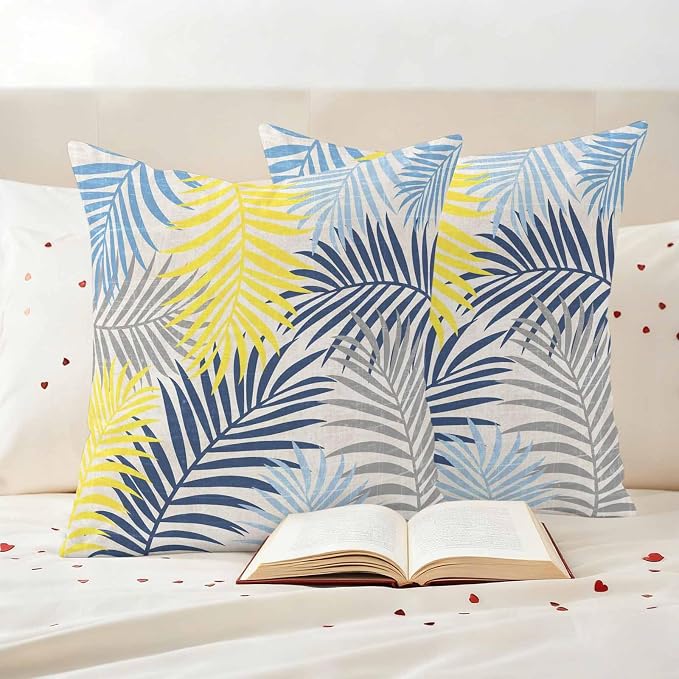 Outdoor Waterproof Throw Pillow Covers, Blue Yellow Grey Palm Leaves Decorative Pillow Cases, Summer Botanical Tropical Leaf Couch Pillow Protector Patio Sofa Cushion Covers Replacement 24"x24" 2 Pack