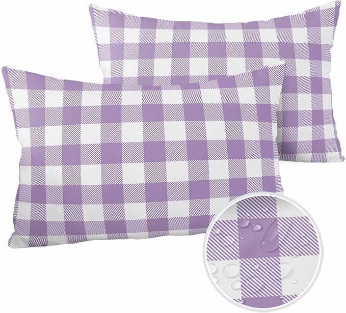 Outdoor Waterproof Throw Pillow Covers Set of 2 Purple Buffalo Check Plaid Lumbar Pillowcases 20x12 Inches Farmhouse Style Patio Decorative Pillows Cushion Case Patio Pillows for Couch Bed Garden