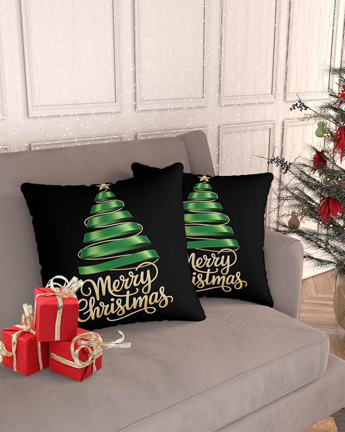 Black Christmas Tree Outdoor Pillow Covers 18 x 18 Inches, Green Xmas Tree with Star Waterproof Throw Pillow Cover Set of 2, Christmas Black Decorative Square Cushion Covers for Patio/Couch