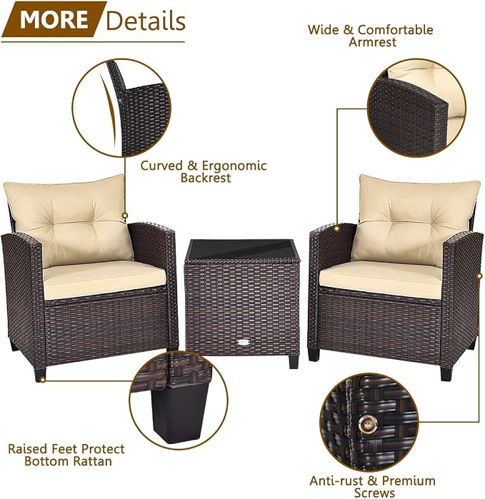 ARLIME 3 Piece Outdoor Patio Furniture Set, All-Weather PE Rattan Wicker Sofa Set w/Removable & Washable Cushion, Modern Conversation Sofa for Garden, Balcony, Swimming Pool, Patio (Beige)