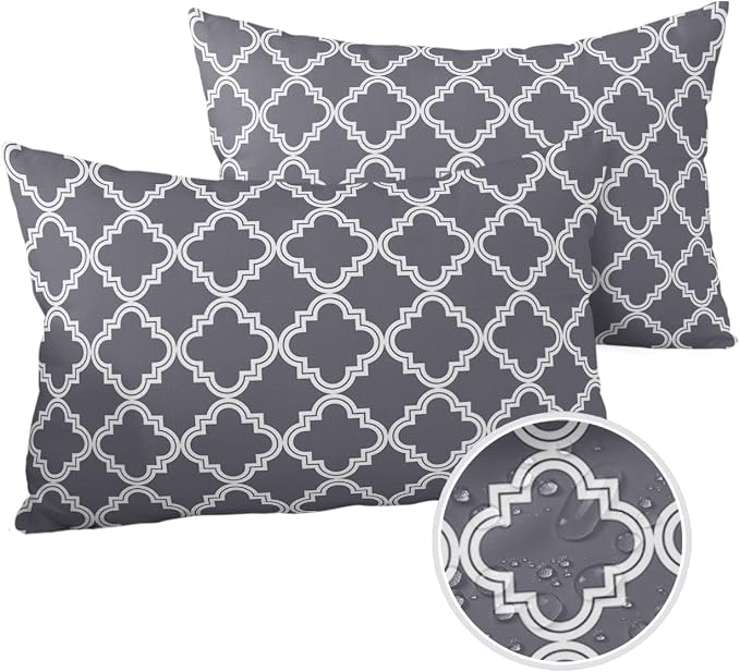 Outdoor Waterproof Pillow Covers for Patio Furniture Moroccan Pattern Decorative Throw Pillow Cover Dark Grey Pillowcases Set of 2 Cushion Case for Sofa Couch Chair Home Decor 20x12 inch