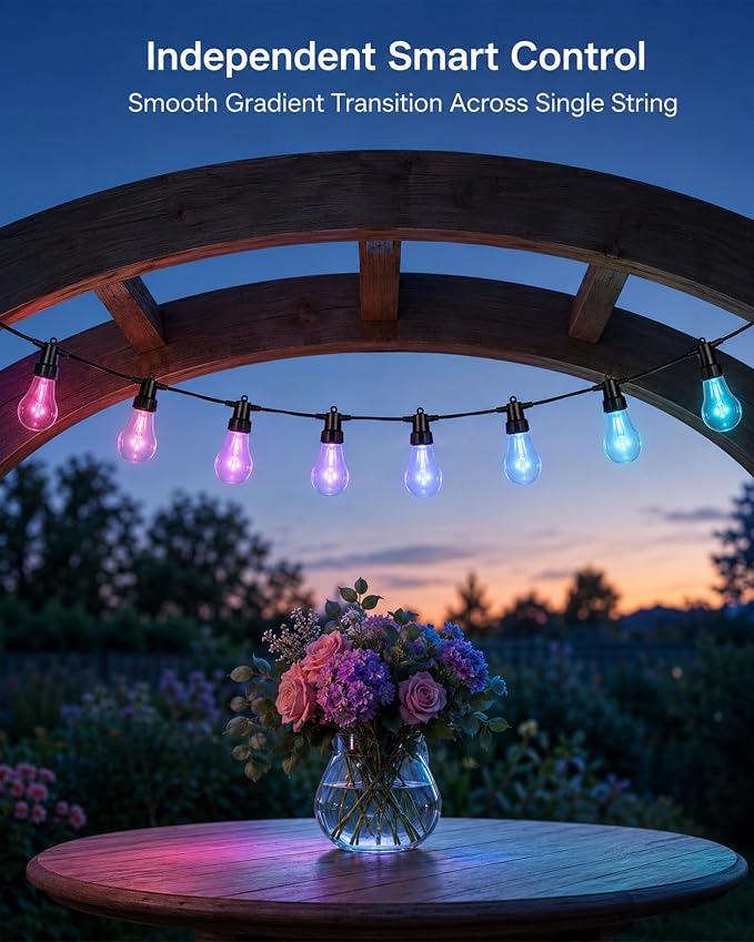 Outdoor String Lights 27FT, Smart RGBW IC Color Changing Patio Lights with 10 Dimmable LED Bulbs, App & RF Remote, IP65 Waterproof Shatterproof