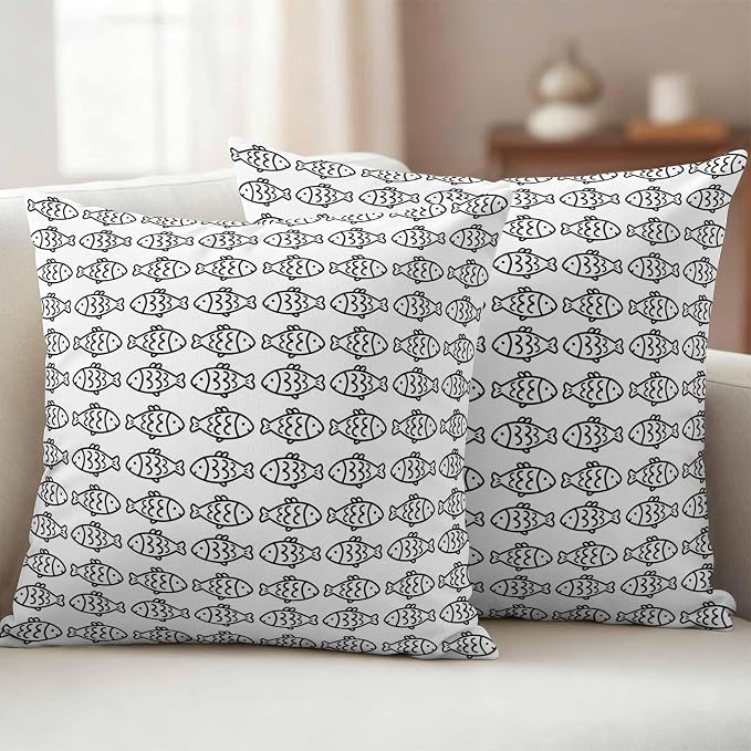 Summer Funny Animals Outdoor Waterproof Throw Pillow Covers Set of 2, 18"x18", Abstract Oceans Black Line Fish Texture Decorative Pillow Covers Outside Cushion Case for Patio Porch Garden