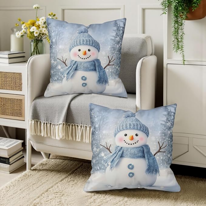 Blue Snowman Throw Pillow Covers Winter Pillow Covers 16x16 Snowflakes Pillow Case Double Sided Printing Cushion Case for Home Decor Couch Sofa Set of 2