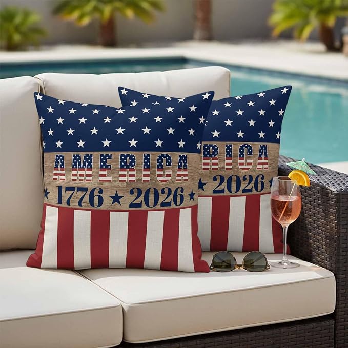 250th Anniversary Outdoor Pillow Covers 20"x20" Set of 2, Waterproof Throw Pillow Covers for Patio Furniture, USA Flag Red Striped Blue Star Retro Decorative Cushion Covers for Porch