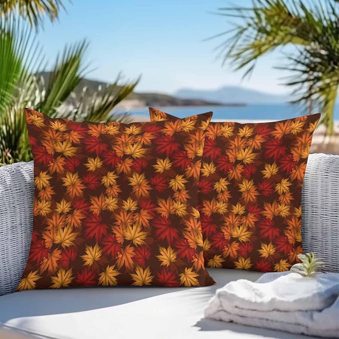 Brown Thanksgiving Outdoor Waterproof Pillow Covers, Fall Maple Leaves Farmhouse Vintage Decorative Square Throw Pillowcase Sofa Cushion Sham for Patio/Couch/Chair, 24"x24" 2 Pack