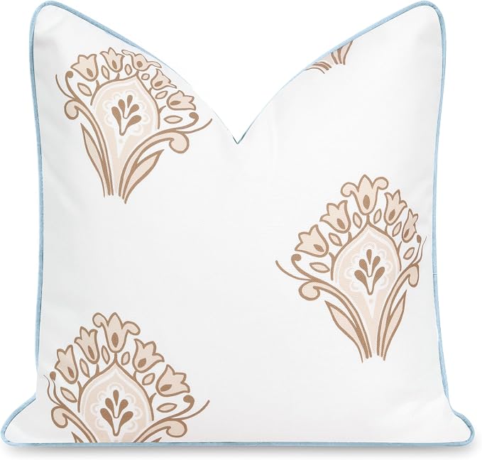 Hofdeco Premium Coastal Patio Indoor Outdoor Throw Pillow Cover Only, 20"x20" Water Repellent for Backyard, Couch, Baby Blue Tan Floral with Piping