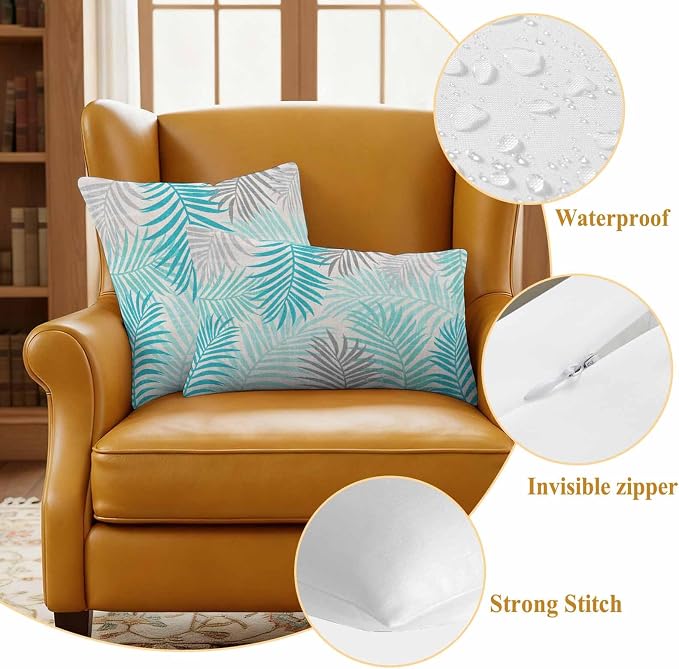 Outdoor Waterproof Throw Pillow Covers, Teal Grey Palm Leaves Decorative Pillow Cases, Summer Botanical Tropical Leaf Couch Pillow Protector Patio Sofa Cushion Covers Replacement 24"x24" 2 Pack