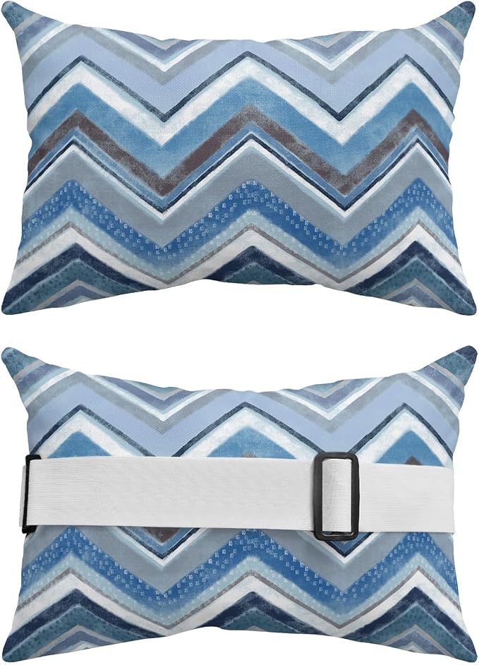 Outdoor Pillows Covers with Inserts Northern Europe Blue Geometric Wave Stripes Waterproof Recliner Pillow with Adjustable Strap Throw Pillows for Patio Furniture Pool Lounge Chair, 11x16 inch, 1PCS