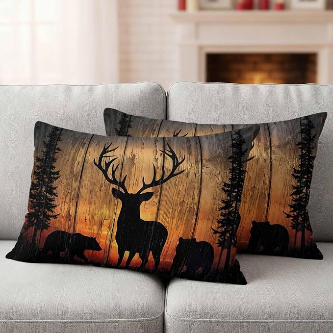 Yukro Wildlife Scene Outdoor Waterproof Pillow Covers Pack of 2, Nature Deer Bear Pine Trees Silhouette Sunset Throw Pillowcases Decorative Cushion Covers for Garden Patio Tent Sofa Couch, 20x12 inch