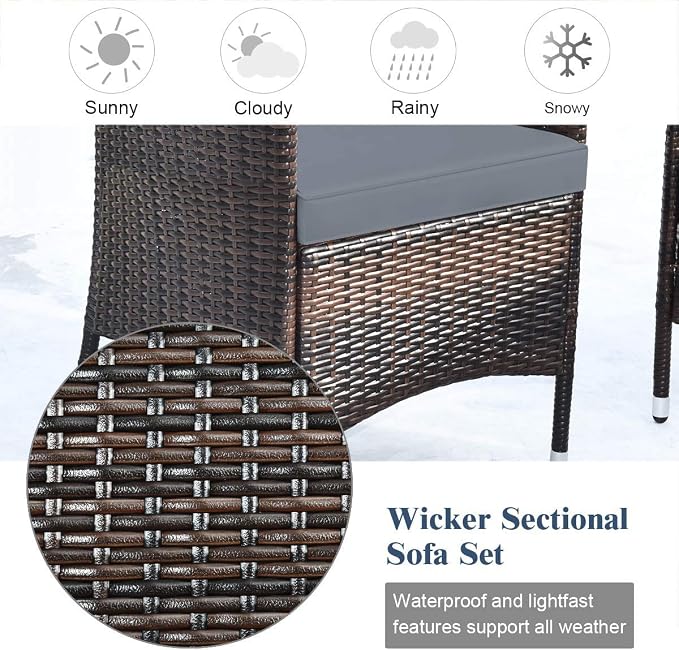HAPPYGRILL 4 Pieces Patio Sofa Set Rattan Wicker Furniture Patio Conversation Set with Cushioned Sofa and Coffee Table for Outdoor Backyard Garden Poolside