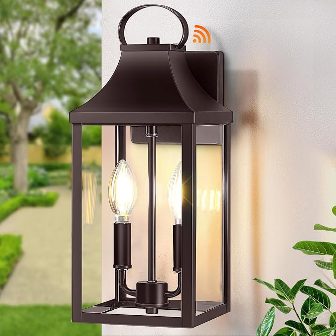 15" Dusk to Dawn Outdoor Wall Lantern 2-Light, Brown | Outside Modern Wall Sconce Light Fixture, Porch Light Wall Mount with E12 Sockets, Waterproof Exterior Lamp Lighting
