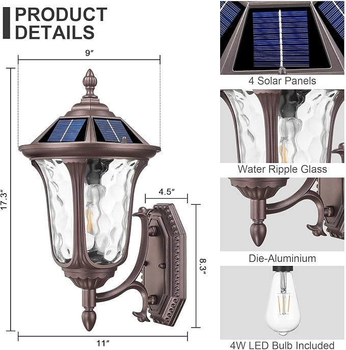 Outdoor Light Fixtures Wall Mount Dusk to Dawn Solar Exterior Wall Sconce Lanterns Remote Control with Water Ripple Glass Lamp Shade for Patio Yard House Hallway, 17'' Medium ORB Color