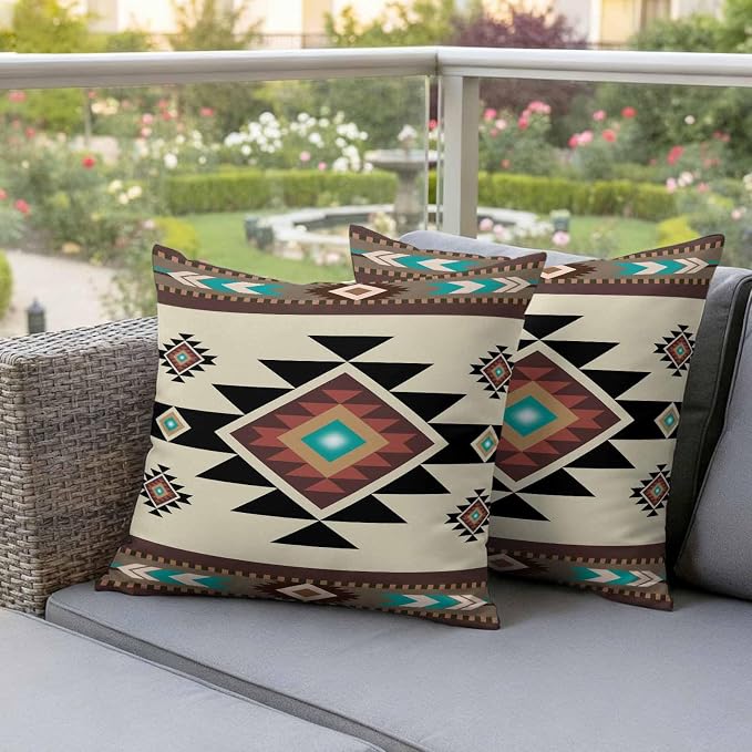 Southwest Geometric Waterproof Outdoor Pillow Covers 18''x18'' Set of 2, Brown Mexican Aztec Boho Tribal Patio Furniture Cushion Covers for Chairs, Decorative Pillow Cases for Garden/Pool/Beach