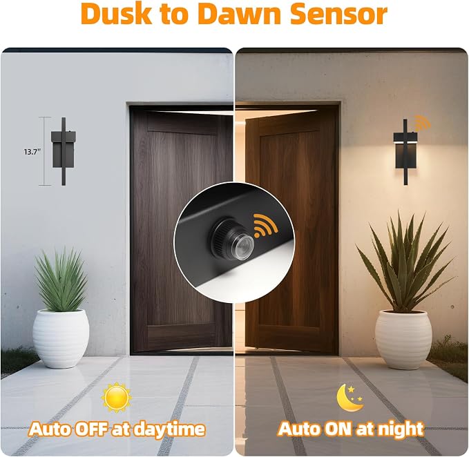 LED Outdoor Wall Sconce Dusk to Dawn Outdoor Lighting, Modern Exterior Lighting Fixtures, Black LED Front Porch Lights Outside Wall Mount Lights for House, Hallway, Warm White 3000K, 1 Pack