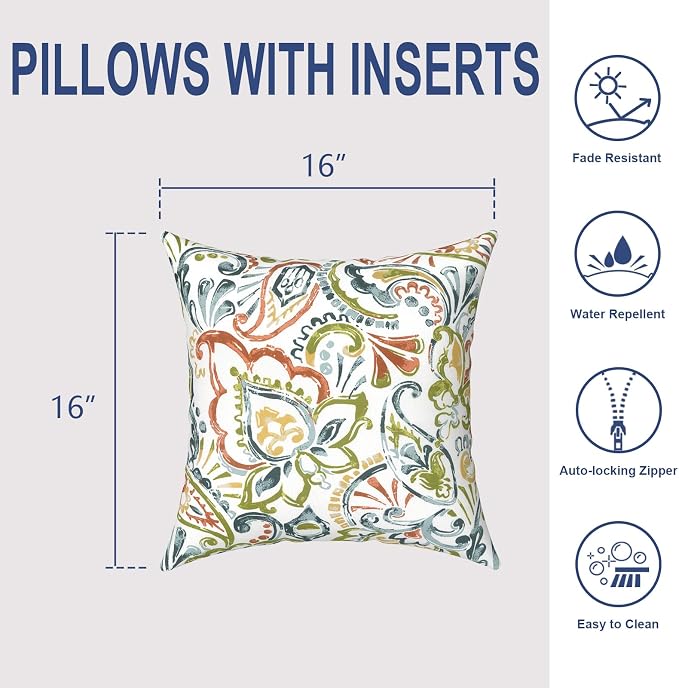 Outdoor Throw Pillows 16x16 Inch, Water Repellent Patio Pillows with Inners Set of 2 for Patio Furniture Home Graden, Paisley Botanical