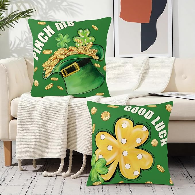 Set of 2 Saint Patricks Day Pillow Covers Lucky Hat with Gold Coin Shamrock Decorative Pillowcases 22x22 Green Polka Dots Lucky Clover Cushion Cases for March Holiday St Patrick Decor