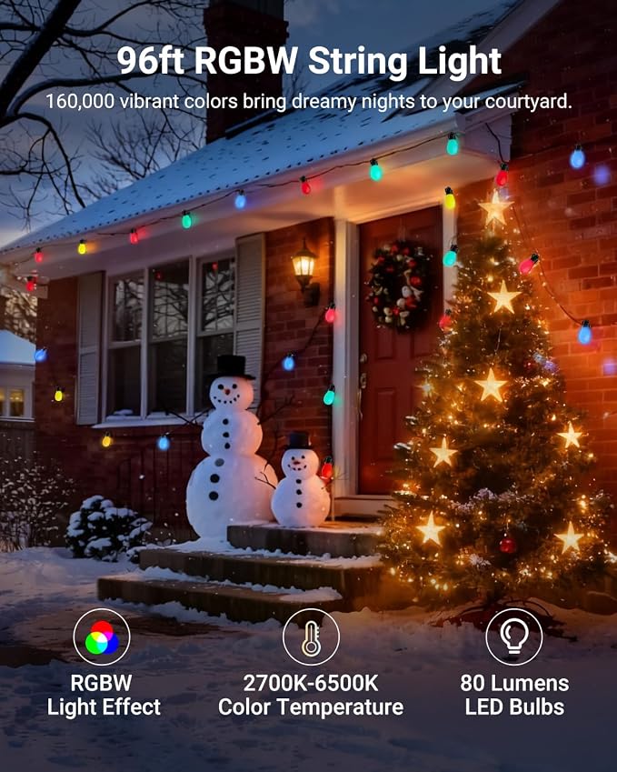NEEWER 96ft Outdoor String Lights, App Control Smart AI RGB IC W Hanging Outside Warm White Patio Balcony Backyard Lighting, IP65 Waterproof, 30 LED Bulbs,50+ Scenes, Compatible with Alexa Google,NR01