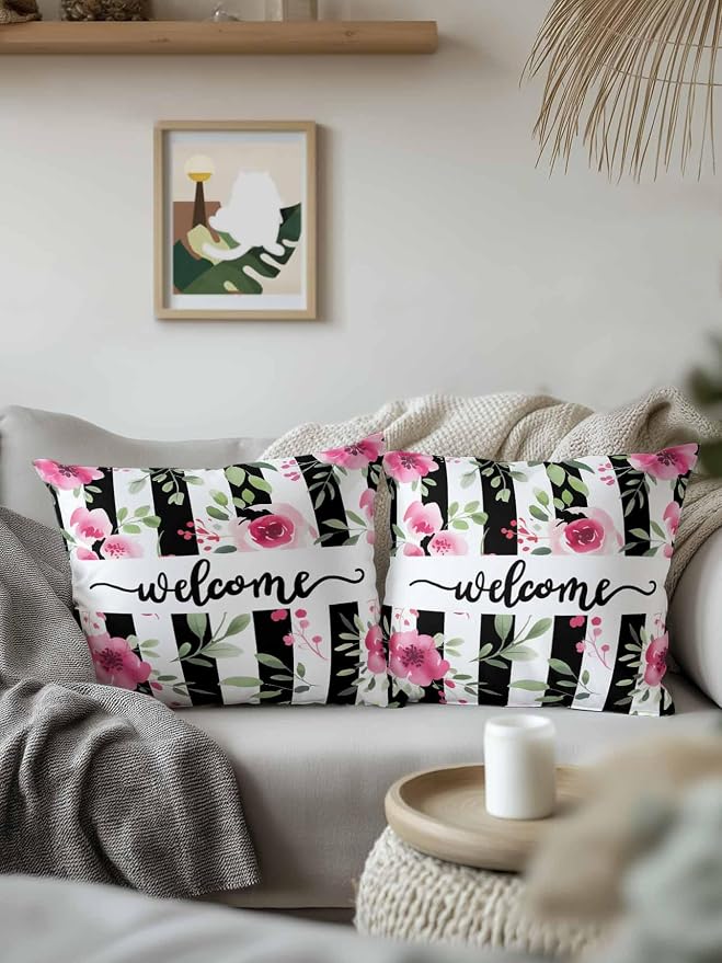 Outdoor Waterproof Throw Pillows Welcome Words Pink Flowers Patio Pillows Pack of 2,Decorative Pillow Covers with Insert,Pillow Cushion Case for Garden Couch Sofa Country Black Line