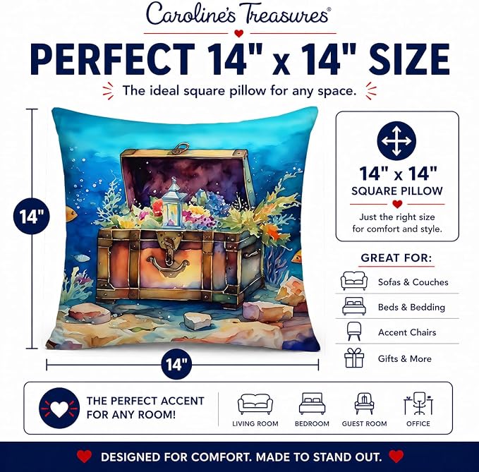 Caroline's Treasures Treasure Chest Throw Pillow Machine Washable, Indoor Outdoor Decorative Pillow for Couch, Bed or Patio, 14Hx14W