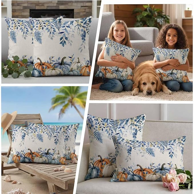 Orange Blue Fall Waterproof Outdoor Pillow Covers 16''x16'' Set of 2, Thanksgiving Eucalyptus Berry Leaves Patio Cushion Covers for Chairs, Decorative Pumpkin Beige Pillow Cases for Garden/Pool/Beach
