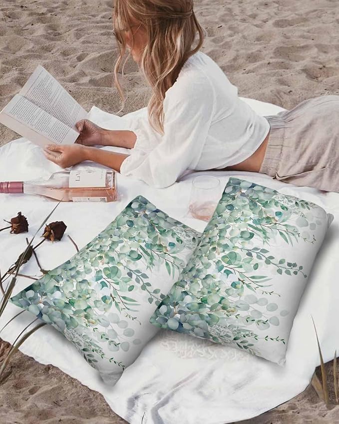 Eucalyptus Leaves Outdoor Pillow Covers Pack of 2, Watercolor Green Plants Waterproof Pillow Covers Seasonal Spring Summer Throw Pillowcase for Patio Funiture Garden Tent, 12 x 20 inch