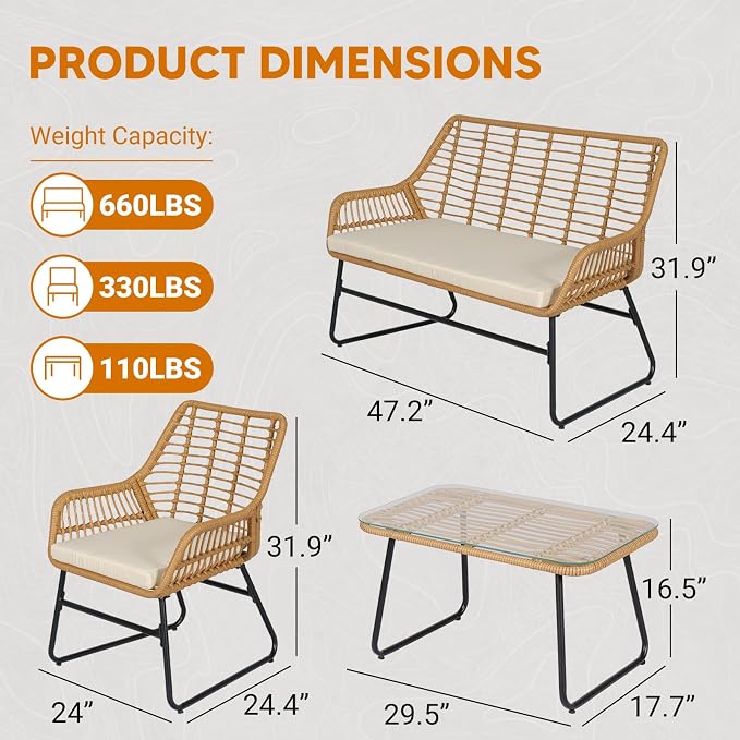 4 Piece Outdoor Wicker Patio Conversation Bistro Set, Rattan Patio Furniture Set with Table and Cushions, Conversation Loveseat Chairs for Backyard, Balcony, Beige