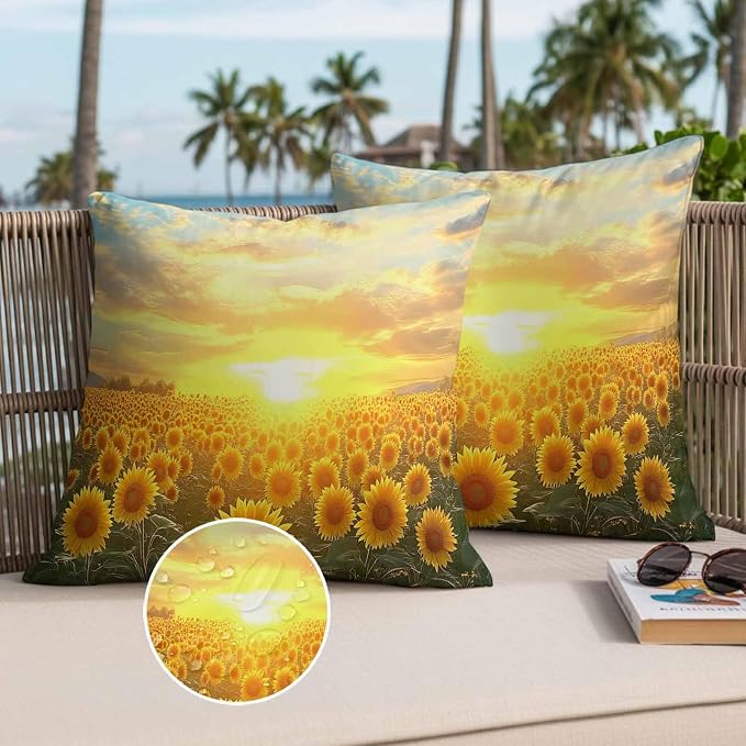 Yellow Sunflowers Waterproof Outdoor Pillow Covers Set of 2 Home Decor, Farmhouse Botanical Floral Sunset Pillowcase Patio Pillow Covers for Couch Bench Furniture Garden 26x26in