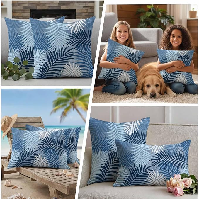 Outdoor Waterproof Throw Pillow Covers, Navy Blue Palm Leaves Decorative Pillow Cases, Summer Botanical Tropical Leaf Couch Pillow Protector Patio Sofa Cushion Covers Replacement 26"x26" 2 Pack