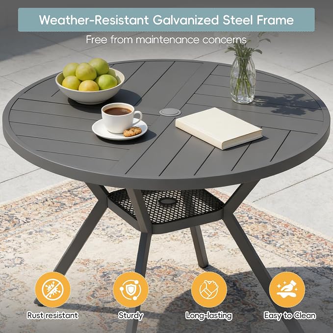 47" Outdoor Patio Table Dining Table All Weather Metal Round Patio Dining Table with Adjustable Umbrella Hole Patio Furniture for Lawn Garden Backyard, Grey