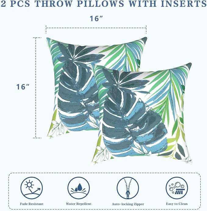 LVTXIII Outdoor Throw Pillows 16x16 Inch, Set of 2 Square Decorative Pillows with Inserts for Patio Furniture, Porch Chair, Garden Sofa, Islamorada Blue Green