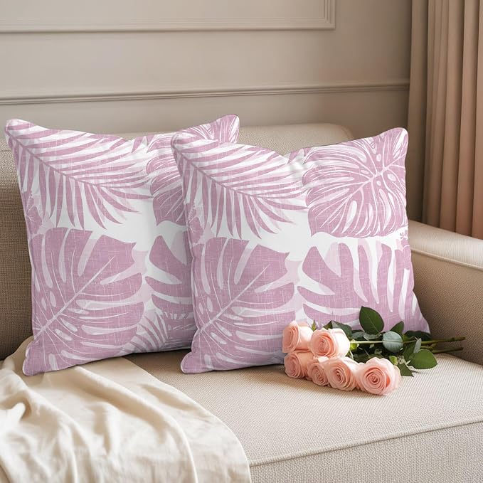 Pink Palm Leaves Outdoor Pillow Covers 18"x18" Set of 2, Tropical Botanical Minimalist Modern Waterproof Throw Pillow Covers for Patio Furniture, Decorative Cushion Covers for Porch