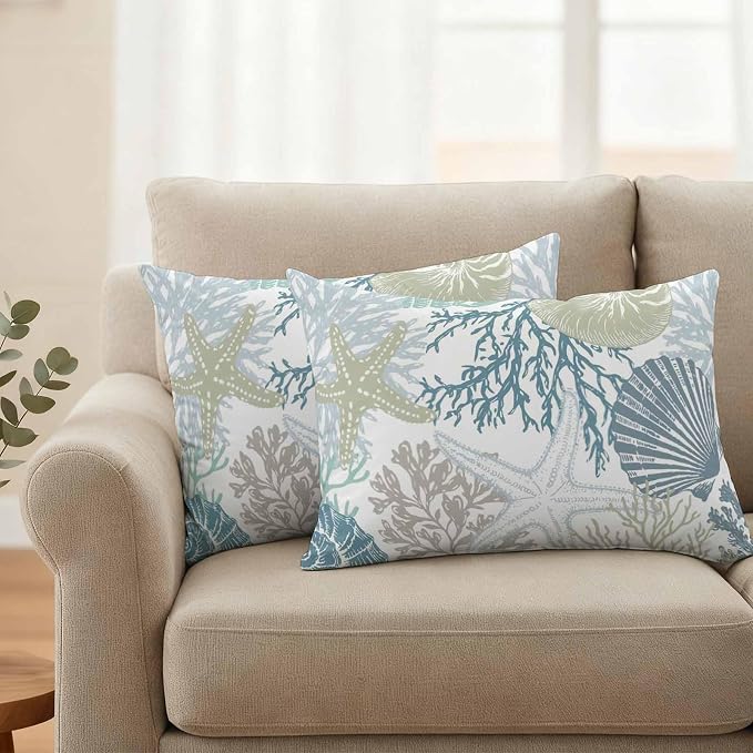 Blue Coral Coastal Waterproof Outdoor Pillow Covers 20''x12'' Set of 2, Starfish Conch Patio Furniture Summer Cushion Covers for Chairs, Decorative Beach Ocean Pillow Cases for Garden/Pool/Beach