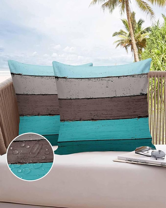 Outdoor Throw Pillow Covers 26X26 Set of 2 Waterproof Ombre Peacock Blue Gray Decorative Zippered Cushion Covers for Patio Furniture, Farmhouse Retro Rustic Barn Wood Texture Lumbar Pillowcases