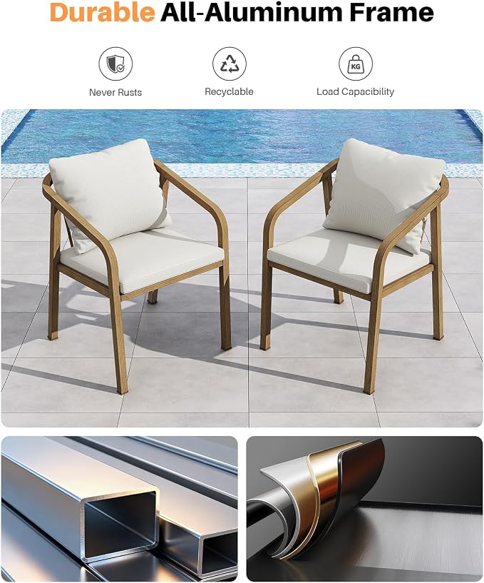 Never-Rust Aluminum Outdoor Dining Chairs Set of 2, Patio Dining Chairs with Thick Cushion, Outdoor Patio Chairs with Wraparound Backrest and Curved Armrest for Backyard, Lawn, Deck, Teak